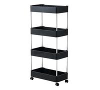 4 Tier Rolling Utility Cart with Detachable Baskets, Slim Storage Trolley on 360° Swivel Wheels, PP & Stainless Steel Narrow Cart for Bathroom Kitchen Small Space - Black 40x15x83cm