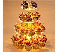 4 Tier Round Cupcake Stand, Cupcake Holder, 4 Tier Cupcake Tray, Acrylic Cake Tower Stand Display for Pastry + LED Light String, Ideal for Weddings, Birthday Parties (Yellow)
