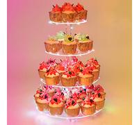 4 Tier Round Cupcake Stand - Premium Cupcake Holder - Acrylic Cupcake Tower Display - Display for Pastry + LED Light String - Ideal for Weddings, Birthday Parties & Events (Multicolored)