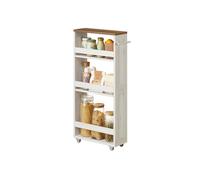 4-Tier Slim Kitchen Storage Trolley with Wheels, Rustic White + Honey Brown / 15 x 43.2 x 86.5 cm