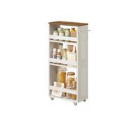 4-Tier Slim Kitchen Storage Trolley with Wheels, Rustic White + Honey Brown / 20 x 43.2 x 86.5 cm