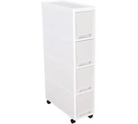 4-Tier Slim Rolling Storage Cart 7in Wide Mobile for Kitchen & Bathroom Small Plastic Shelf with Drawers Space-Saving Utility beside Fridge.