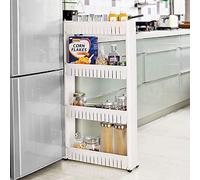 4 Tier Slim Slide Out Kitchen Bathroom Trolley Rack Holder | Space Saving | Fits In Neatly Between a Fridge Or Washing Machine | Made Of Durable White Plastic | Dimensions: W54cm x D13cm x H110cm