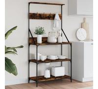 4-Tier Smoked Oak Baker's Rack with Hooks - Stylish Kitchen Storage Rustic Design Multi-functional Display Shelf for Home or Bakery Use