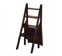 4-Tier Solid Wood Folding Step Ladder Chair, Portable Stepladder with Wide Anti-Slip Steps for Home, Kitchen, Library, Office, Brown