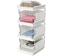 4 Tier Stackable Storage Baskets - Clothes Organiser Wardrobe Plastic Trolley Unit Rack Shelf for Kitchen, Cupboard - White, 35 x 30 x 72 cm