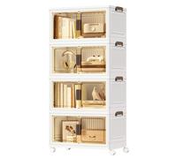 SONGMICS Storage Boxes with Lid, 4-Tier Stackable Organiser with 1 Lid, Plastic Storage Bins on Wheels, Magnetic Door, Home Organisation, White, 55 L per Tier, 220 L Total, RLB460WZ01