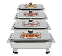 4-Tier Stainless Steel Buffet Server Set with Glass Lids & Detachable Legs - 33.5x27.5cm Rectangular Food Warmers for Catering, Weddings, Home