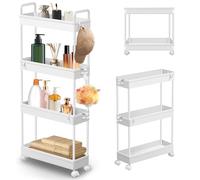4 Tier Storage Trolley with Hooks Handles Lockable Wheels, Storage Cart On Wheels Slide-out Rolling Utility Cart Mobile Storage Shelving Organizer Make Up Rack for Kitchen, Book, Bedside, Art, Craft