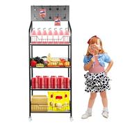 4 Tier Supermaket Snack Rack Display Stand, Free-Standing Retail Display Shelves with 10 Hooks & 4 Wheels, Large Metal Snack Shelf Candy Potato Chip Display Rack for Store Business Home (Black)