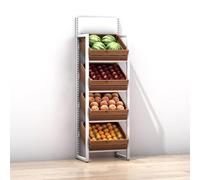 4-Tier Supermarket Fruit & Vegetable Display Rack Large Capacity Snack Stand with Wooden Baskets Kitchen Onion & Potato Holder White & Brown Retail Storage Solution