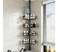 4-Tier Telescopic Corner Shower Caddy with Soap Holder, Height Adjustable Bathroom Corner Shelves, Extends from 25-114.2 In Rustproof Storage Shelf, Black Metal No-Drilling Bath Rack for Over Bathtub