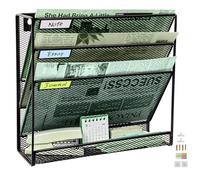 4 Tier Upgrade Mesh Wall File Holder Organizer with Bottom Flat Tray, Medium Mesh Vertical Hanging File Organizer, Office Hanging File Folder Magazine Rack, Nametag Label Hooks Set Included, Black