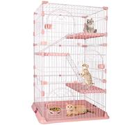 4-Tier Wire Cat Cage Playpen Kennel, 64 Inch Cat Catios Large Space for 1-3 Cats, Pink Cat Crate with 3 Platforms 3 Front Doors 2 Ramp Ladders (Large - 64.4" H x 32.6" L x 23.6" W)