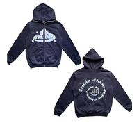 4 TUNE Zip Up Hoodie, Fortune Star Letter Print Hoodie, Y2K Full-Zip Hooded Fleece Sweatshirt (Color : Navy blue, Size : S)