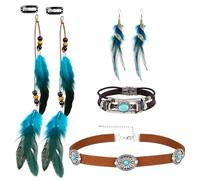 4 Vintage Indian Boho Carnival Accessories Indian Feather Hair Accessories Clip Feather Earrings Drop Leather Choker Necklace Leather Wrap Cuff Bracelet Boho Tribal Jewellery for Women Carnival Tribal