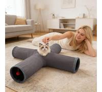 4 Way Cat Tunnel with Plush Inside, Collapsible Pop Up Tubes, Play & Exploration Tunnels for Indoor Dog, Rabbits, Kittens, Ferrets (Grey)