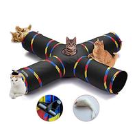 4 Way Cat Tunnels for Indoor Cats, Collapsible Tube 10 Inch Diameter & 47 Inch Longer Cat Tunnel Toy, Bell Ball for Pet Play Puppy Kitten Rabbit (Black)