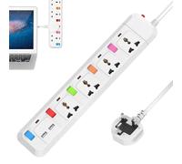 4 Way Extension Lead with 2 USB, Extension Lead with Independent Switch, UK Power Strip Cable Length 1.8m, Random Switch Color, Extension Cord Wall Mountable for Home Bedroom Office