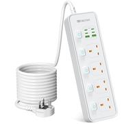 4 Way Gang Extension Lead with USB Slots, UK Plug 3 Pin Socket Outlet, 10-in-1 Surge Protector Plug Extension Socket with Individual Switches, Power Strip with Extension Cable 3M, White