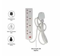 4 Way UK 3Pin Plug 13A 250V Extension Lead with 2 Metre High-Quality Cable - Neon Power On Indicator - White
