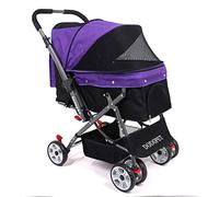 4 Wheel Dog Cat Pet Stroller,Reversible Handle Bar,Collapsible,Zipper Entry,360o Rotating Front Wheel,Stable Small,Medium,Large Dogs Cart (Purple)