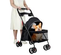 4-Wheel Dog Pram for Small Dogs & Cats, Portable Folding Pet Stroller with Breathable Mesh, Cup Holder & Wheels, Lightweight Folding Pet Cart up to 7.5 kg, Easy Storage Pet Carrier (Black)
