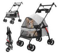 4-Wheel Foldable Pet Stroller for Small/Medium Dogs & Cats up to 22lbs, Dog Stroller, Shock-Absorbing Jogger with Sunshade, Storage Basket & Safety Lock, Portable Carrier for Travel/Camping Grey