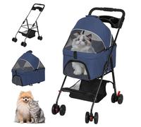 4-Wheel Pet Strollers, Foldable Dog & Cat Cage Jogger Carrier with Sun Cover, Storage Basket, Breathable and Visible Mesh, Dog and Cat Strollers for Small/Medium Pets Navy Blue