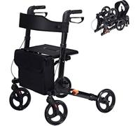 4 Wheel Rollator with Seat and Back, Folding Mobility Walker, Adjustable Height, Dual Brakes, Lightweight Aluminium Frame, Carry Bag for Seniors and Disabled