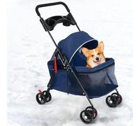 4 Wheels Dog Cat Stroller, Foldable Pet Travel Strollers with Cup Holder, Portable Dog Cat Cage Strollers, Small Pet Stroller with Breathable Mesh, Easy Fold (Blue)