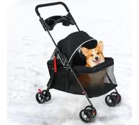 4 Wheels Dog Cat Stroller, Foldable Pet Travel Strollers with Cup Holder, Portable Dog Cat Cage Strollers, Small Pet Stroller with Breathable Mesh, Easy Fold (Black)