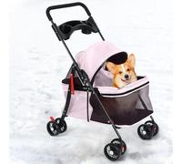 4 Wheels Dog Cat Stroller, Outdoor Folding Pet Stroller with Cup Holder, Breathable Mesh, Visible Pet Cage, Rear Brake, for Small Dog Cat (Pink)