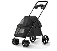 4 Wheels Foldable Dog Cat Stroller Pet Jogger for Medium Small Dogs Cats with Cup Holder Removable Liner and Bottom Storage Holds Pets Up to 15 Kg / 33 Lbs (Color : Black)