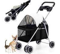 4 Wheels Foldable Pet Stroller for Small Medium Dogs Cats Up to 33lbs Waterproof Portable Dog Cat Travel Stroller with Large Storage Pocket & Cup Holder Easy Fold Design Black