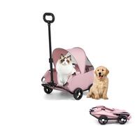 4 Wheels Folding Pet Stroller for Small Dogs & Cats - Lightweight Dog Wagon with Safety Rope Pet Travel Carriage for Walks & Vet Visits (Pink)