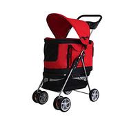 4 Wheels Pet Stroller, Cat Dog Travel Folding Cage Pushchair with Cup Holders and Removable Carrier, for Small-Medium Dog (Red)