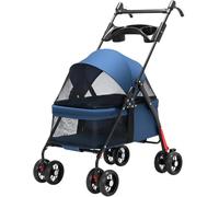 4 Wheels Pet Stroller Dog Cat Stroller for Small Medium Dogs Cats, Foldable Puppy Doggie Kitty Cage Jogger Strollers with Sun Cover, Portable Dog Pushchair with Breathable Visible Mesh (Blue)