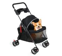 4 Wheels Pet Stroller, Easy-Fold Dog Stroller for Small Dogs Cat Cage Strollers with Cup Holder, Sun Cover Breathable and Visible Mesh for Medium Small Dog Outdoor Travel Pet Carrier Black 1 Set