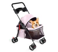 4 Wheels Pet Stroller, Foldable Cat Dog Pram for Small & Medium Dogs Cats, Dog Pushchair with Rain Cover, Cup Holder and Breathable Mesh, Lightweight Pet Travel Carrier Buggy Trolley (Pink)