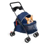 4 Wheels Pet Stroller, Foldable Cat Dog Pram for Small & Medium Dogs Cats, Dog Pushchair with Rain Cover, Cup Holder and Breathable Mesh, Lightweight Pet Travel Carrier Buggy Trolley (Blue)
