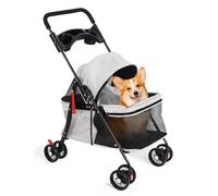 4 Wheels Pet Stroller, Foldable Cat Dog Pram for Small & Medium Dogs Cats, Dog Pushchair with Rain Cover, Cup Holder and Breathable Mesh, Lightweight Pet Travel Carrier Buggy Trolley (Grey)