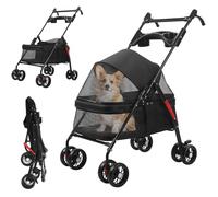 4 Wheels Pet Stroller, Folding Dog Jogger Stroller with Adjustable Handle, Breathable Mesh Window, Cup Holder for Small Medium Dogs Cats Up to 22lbs, Travel Pet Carrier (Black)