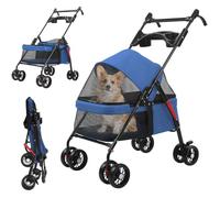 4 Wheels Pet Stroller Folding Travel Dog Jogger with Adjustable Handle Breathable Mesh Cup Holder Foldable Puppy Stroller for Dogs & Cats up to 22 lbs - Blue Pet Carrier