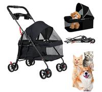 4 Wheels Pet Stroller for Small Dogs and Cats, Portable Folding Dog and Cat Stroller with 360° Breathable Mesh, Safety Leash & Shock-Absorbing Wheels, Cup Holder, Compact Travel Pet Strolling Cart B