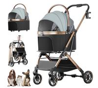 4 Wheels Pet Stroller for Small Medium Dogs Cats Up to 45 lbs Folding Dog Stroller with Detachable Breathable Carrier Suitable for Car Seat, Hand Carry & Travel, All Terrain, 3 in 1 Multifunctional