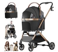 4 Wheels Pet Stroller for Small Medium Dogs Cats Up to 45 lbs Folding Dog Stroller with Detachable Breathable Carrier Suitable for Car Seat, Hand Carry & Travel, All Terrain, 3 in 1 Multifunctional