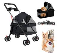 4 Wheels Pet Stroller with Cup Holder, Portable Lightweight Folding Pet Pushchair, Breathable Mesh Dogs Travel Stroller, 7.5kg Load Capacity Pets Pram for Small Dogs and Cats (Black)