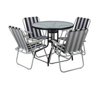 (4, White & Black Stripes Chairs) Garden Table & Folding Deck Chairs Set 2 4 Seater
