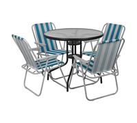 (4, White & Blue Stripes Chairs) Garden Table & Folding Deck Chairs Set 2 4 Seater